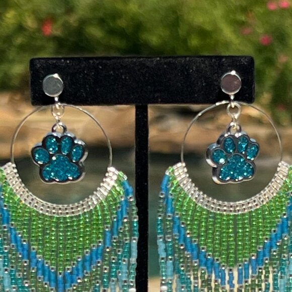 Handmade Beaded Long Fringe Paw Love Dangle Drop Lightweight Post Hoop Earrings - Picture 4 of 8